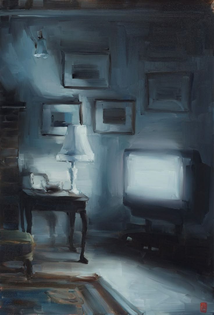 A painting of a quiet living room at night, with a lit lamp on a small table, framed pictures on the wall, and a glowing television.