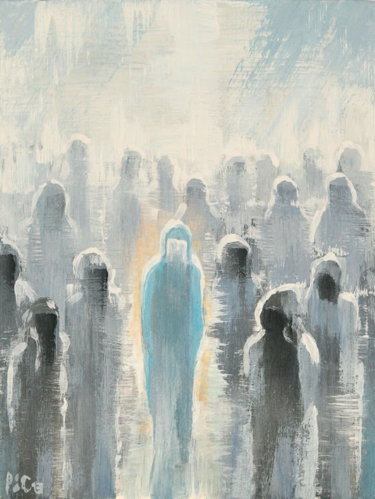 A painting of a crowd of faceless figures in soft blue-gray tones, with a single blue-clad figure standing at the center.