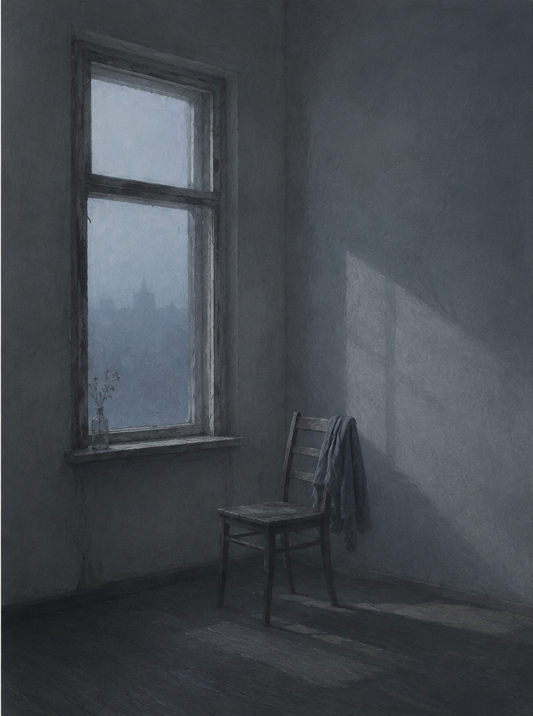 A painting of an empty wooden chair with a garment draped over its back beside a tall window in a blue-gray room, with a small vase on the windowsill.