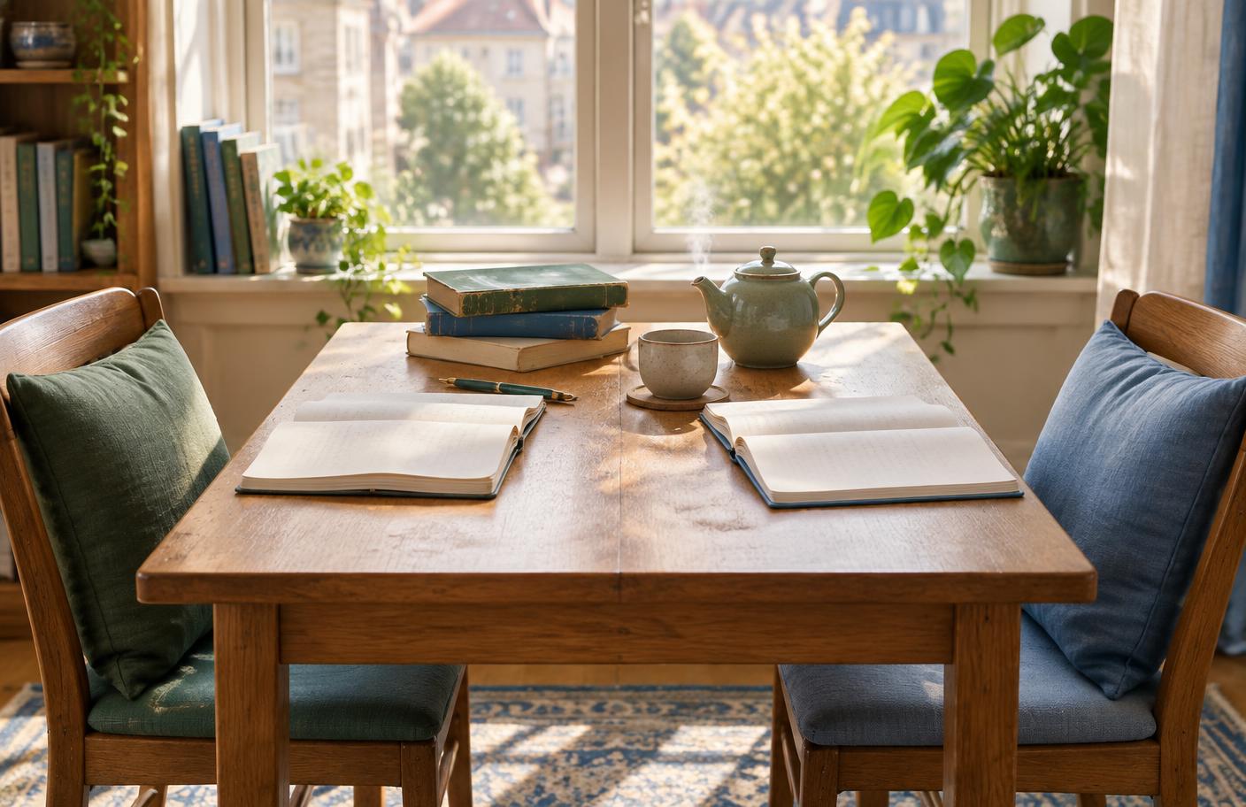 A lesson table with open notebooks, stacked books, a steaming teapot, and two facing chairs